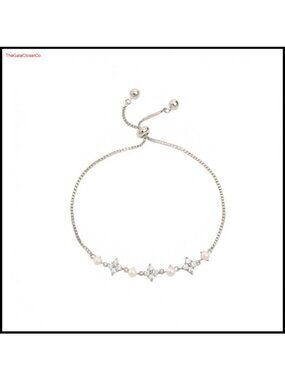 Four Leaf Clover CZ Crystal Pearl Link Bracelet